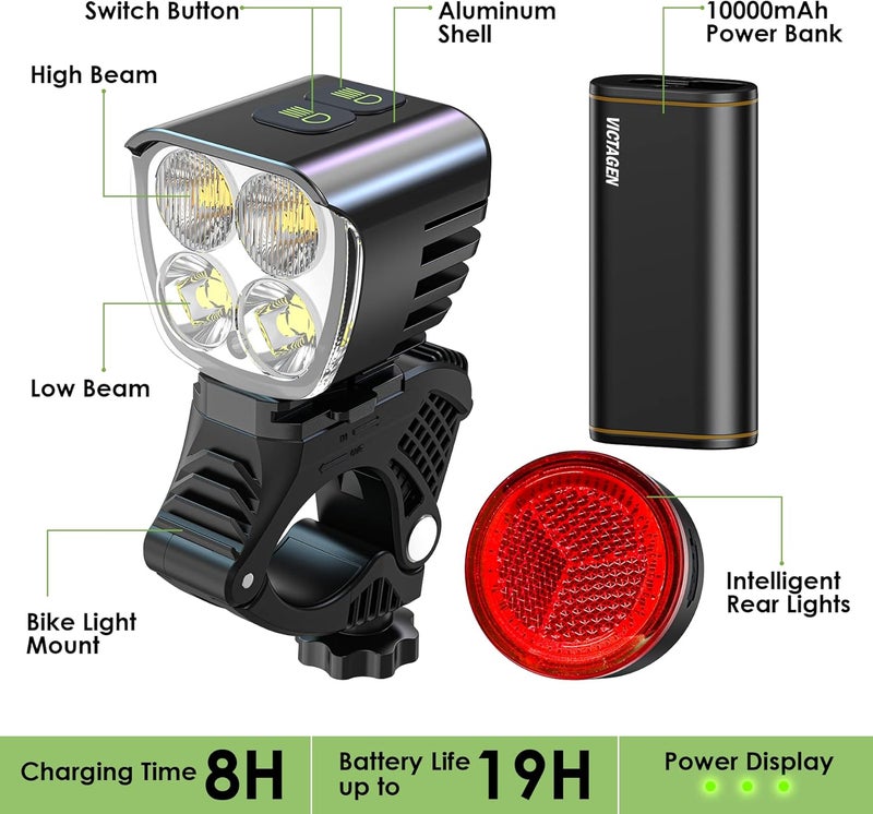 victagen Bike Light 12000lm Bike Lights for Night Riding, 4 LED Bike Lights Waterproof Type C Rechargeable Front Bike Headlight and Taillight, High & Low Beam Design, Power Bank Function - Image 3